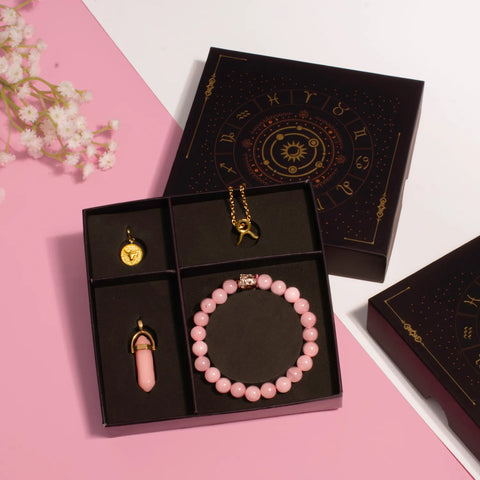 Taurus Zodiac Box with Rose Quartz Crystals Jewellery