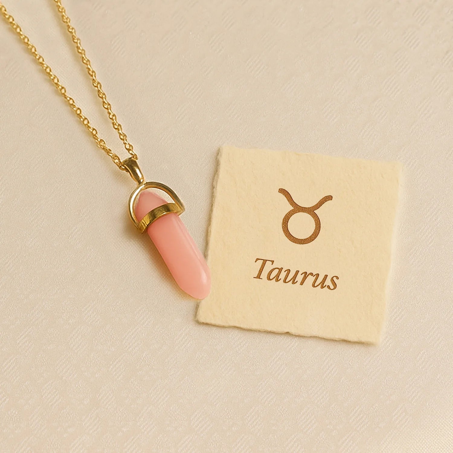 Taurus Rose Quartz Pencil Pendant with Chain