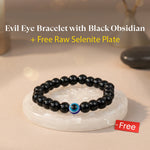Black Obsidian Evil Eye Bracelet with FREE Raw Selenite Plate