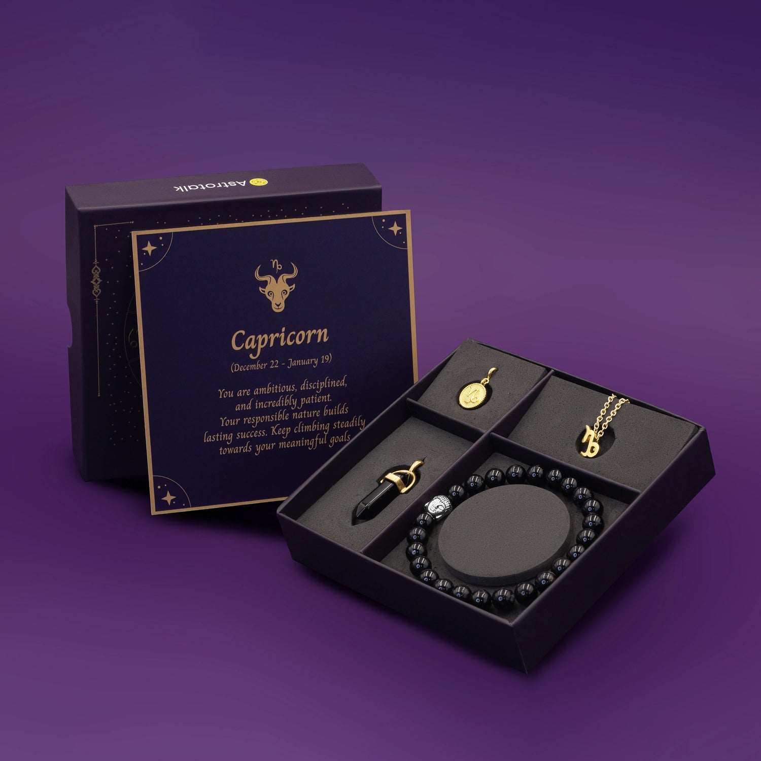 Capricorn Zodiac Box with Black Tourmaline Crystal Jewellery
