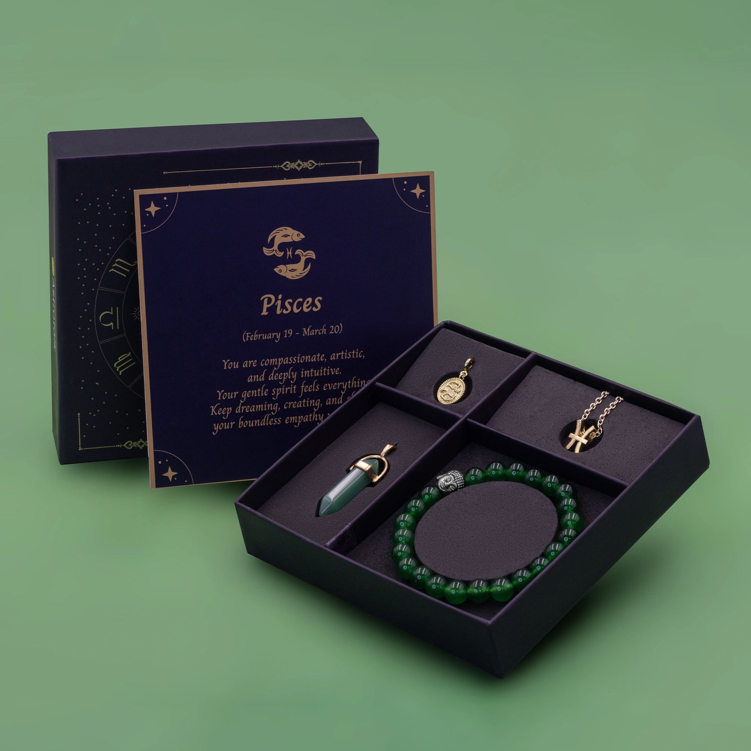 Pisces Zodiac Box with Green Jade Crystal Jewellery