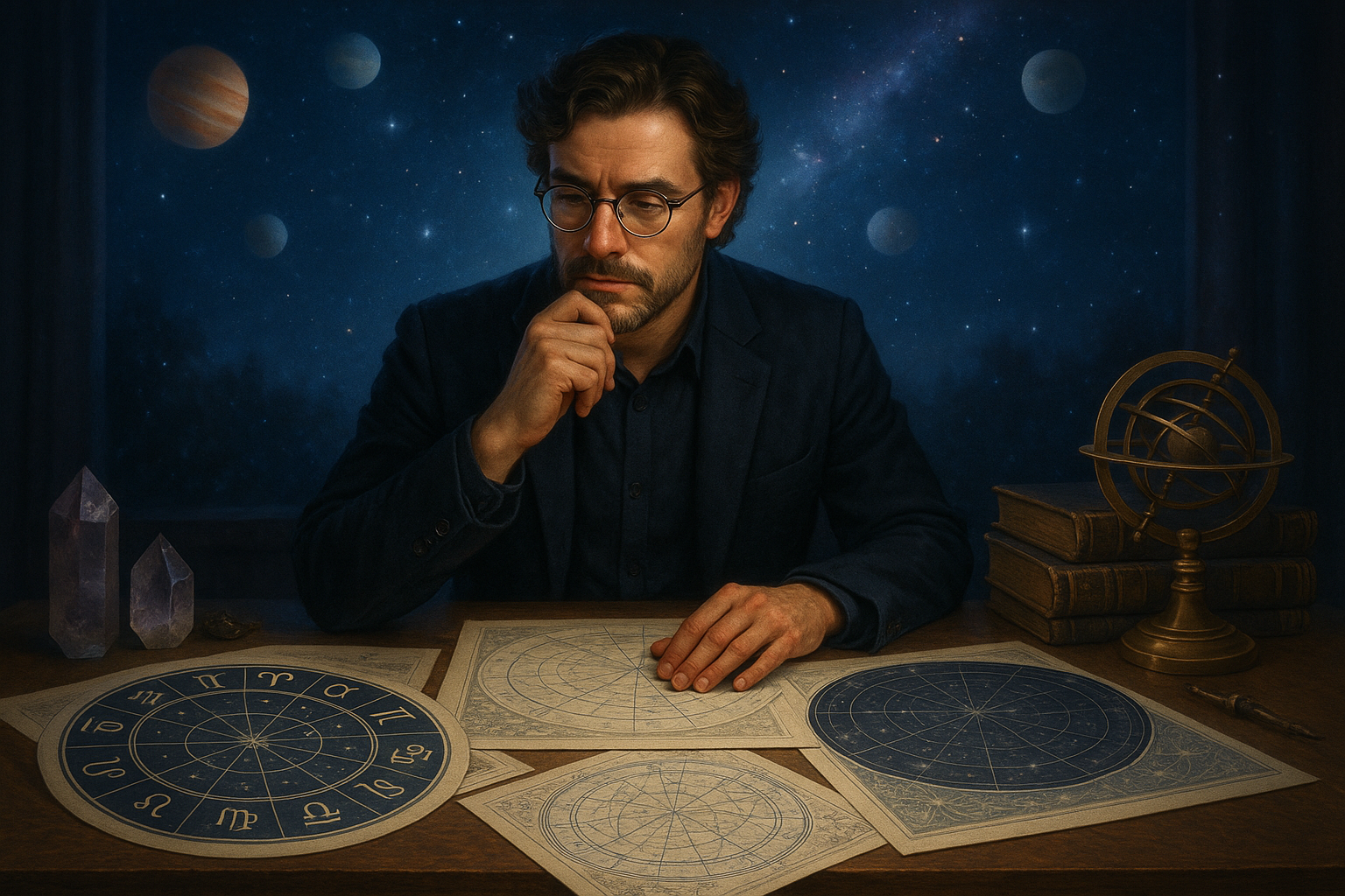An expert astrologer sitting at a desk with astrological charts and celestial maps, analyzing star charts in a mystical setting with soft lighting and astronomical tools