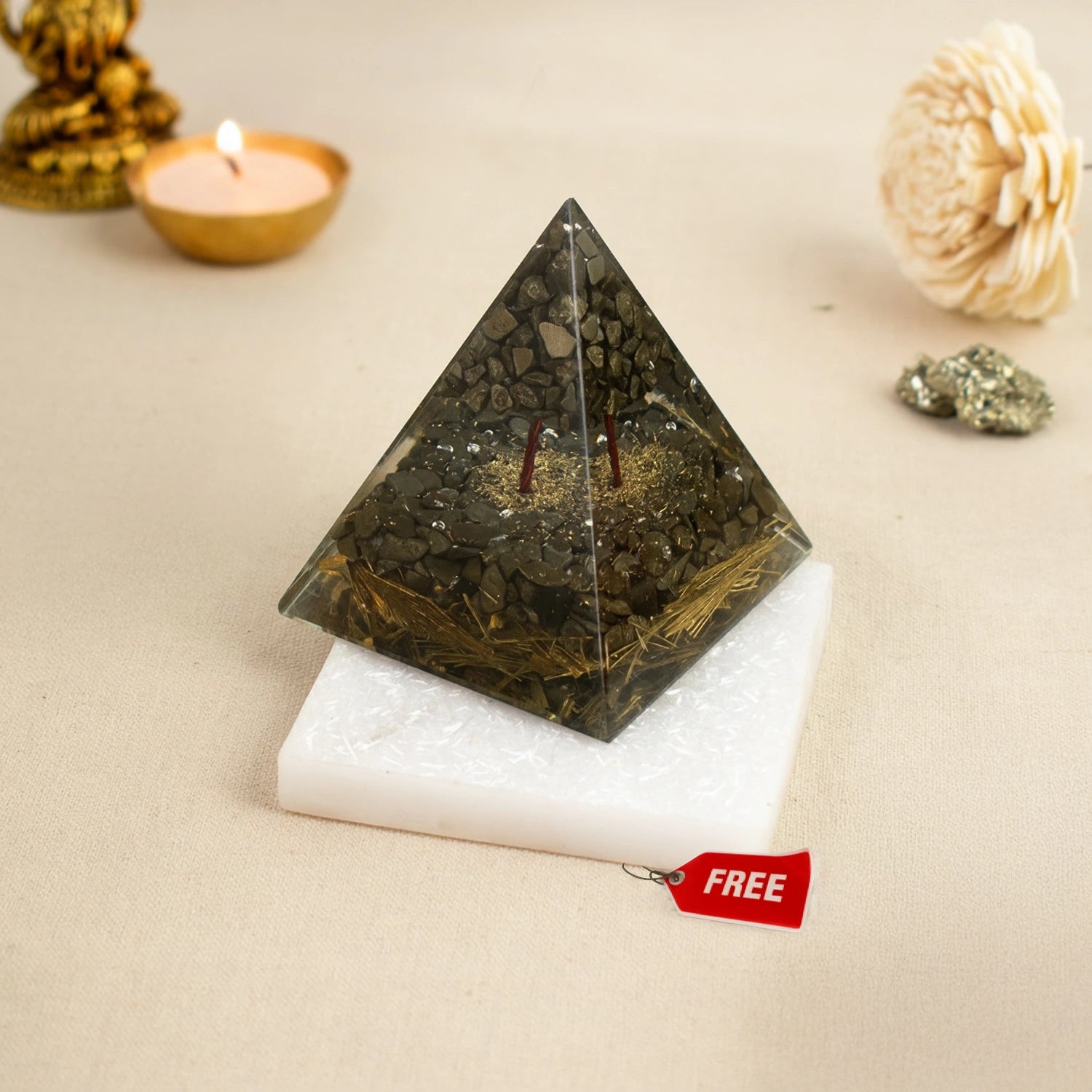Money Magnet Pyrite Pyramid with Free Square Raw Selenite Plate