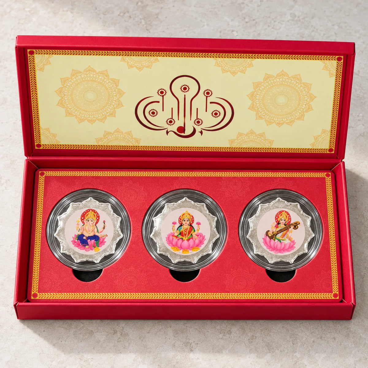 Silver Laxmi Ganesh Saraswati Coin Art