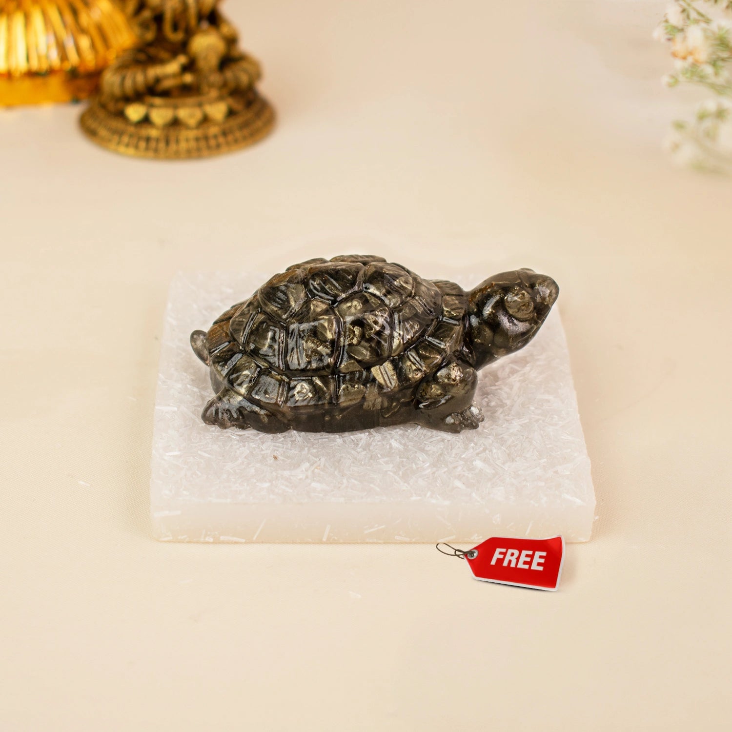 Vastu Pyrite Tortoise with Free Square Raw Selenite Plate