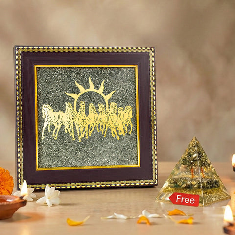 7 Horses on Raw Pyrite Frame with FREE Money Magnet Pyramid