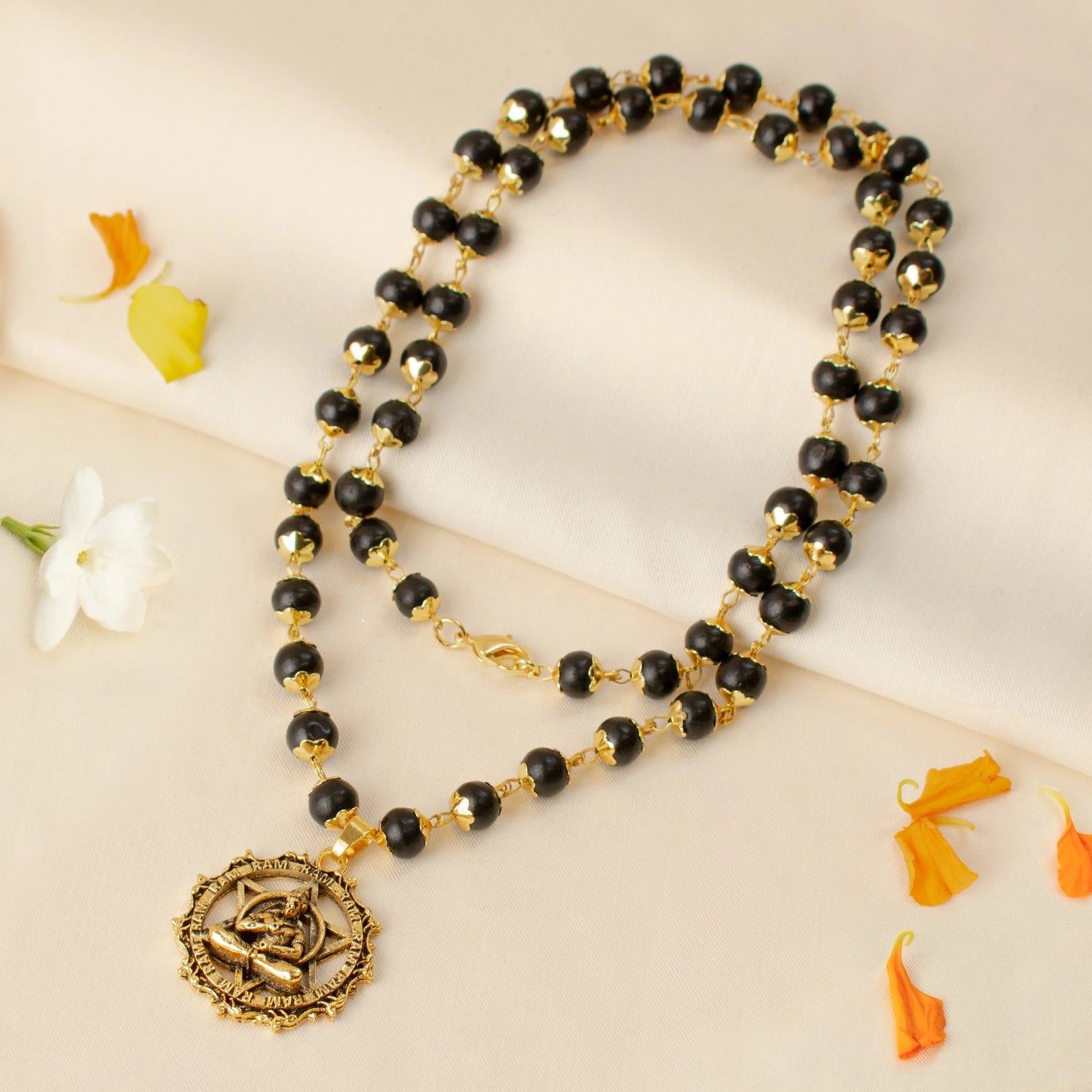 Gold-Plated Karungali Mala with Hanuman Kavach Pendant