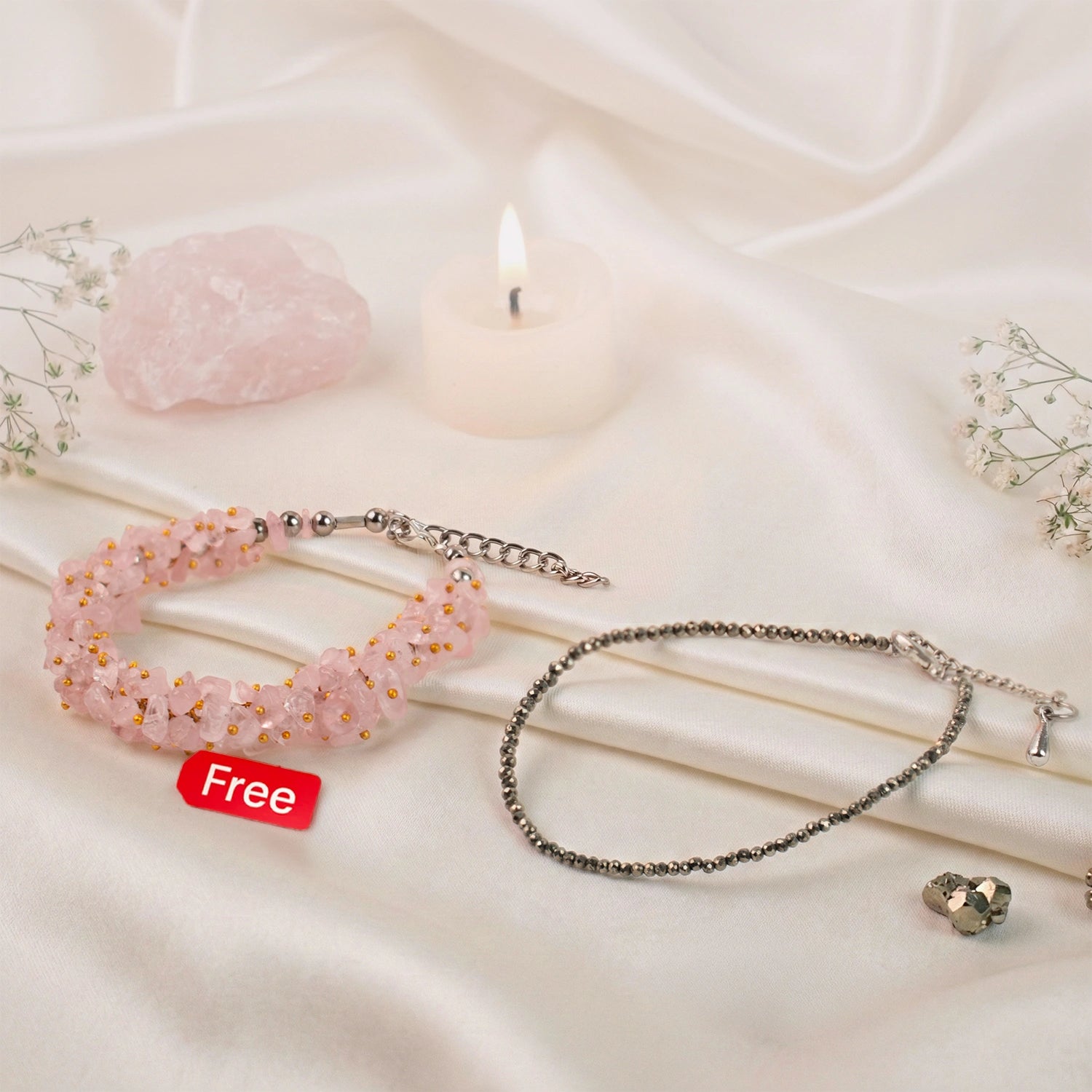 Pyrite Anklet with FREE Rose Quartz Chips Bracelet