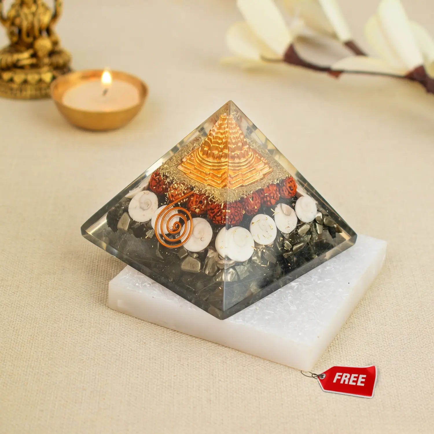 Laxmi Yantra Pyramid with Free Square Raw Selenite Plate