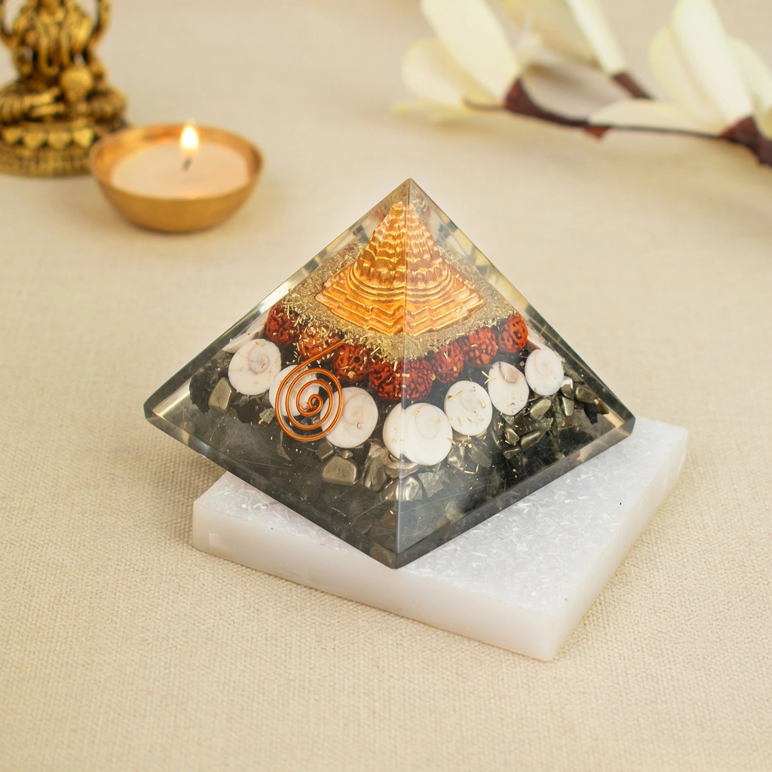 Laxmi Yantra Pyramid with Free Square Raw Selenite Plate