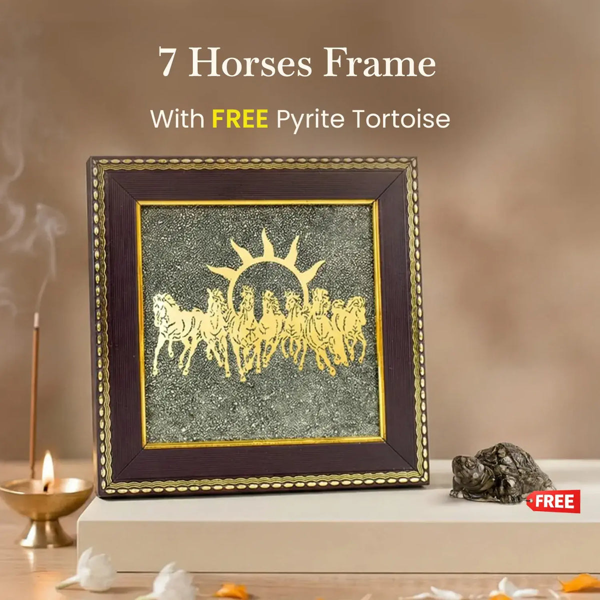 7 Horses on Pyrite Frame with Free Pyrite Tortoise