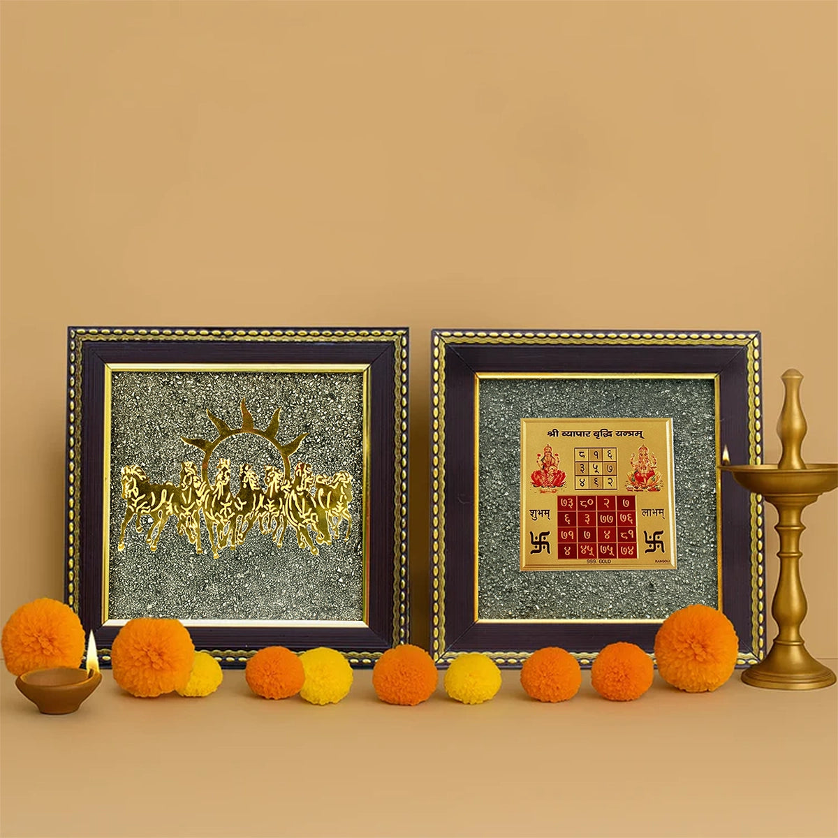 7 Horses Raw Pyrite Frame with Vyapar Vriddhi Frame Combo