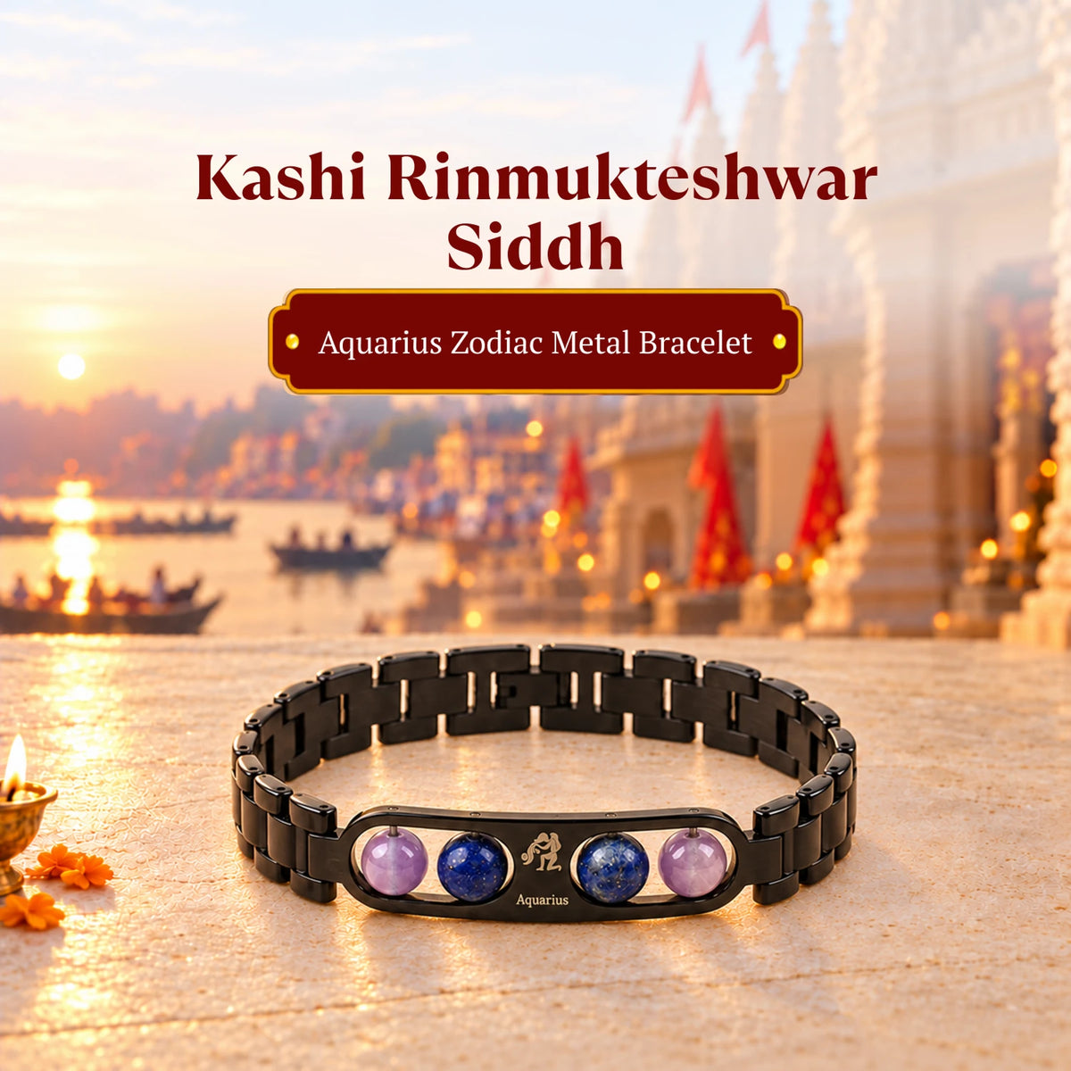 Rinmukteshwar Siddh Aquarius Zodiac Metal Bracelet with Free Raw Selenite Plate