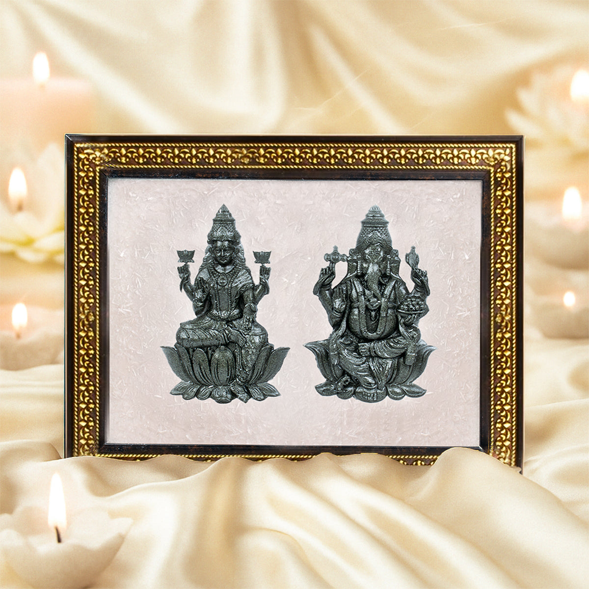 Pyrite Lakshmi - Ganesh Ji on Selenite Frame
