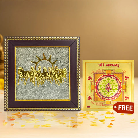 7 Horses on Raw Pyrite Frame with FREE Shree Yantra (6*6 inch)