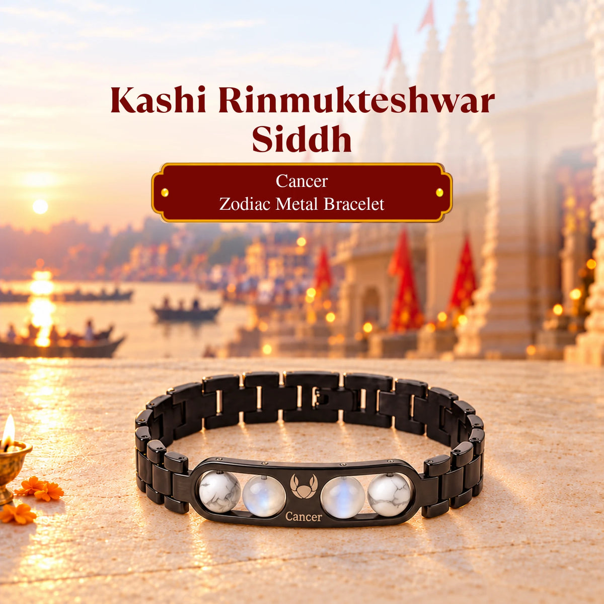 Rinmukteshwar Siddh Cancer Zodiac Metal Bracelet with Free Raw Selenite Plate