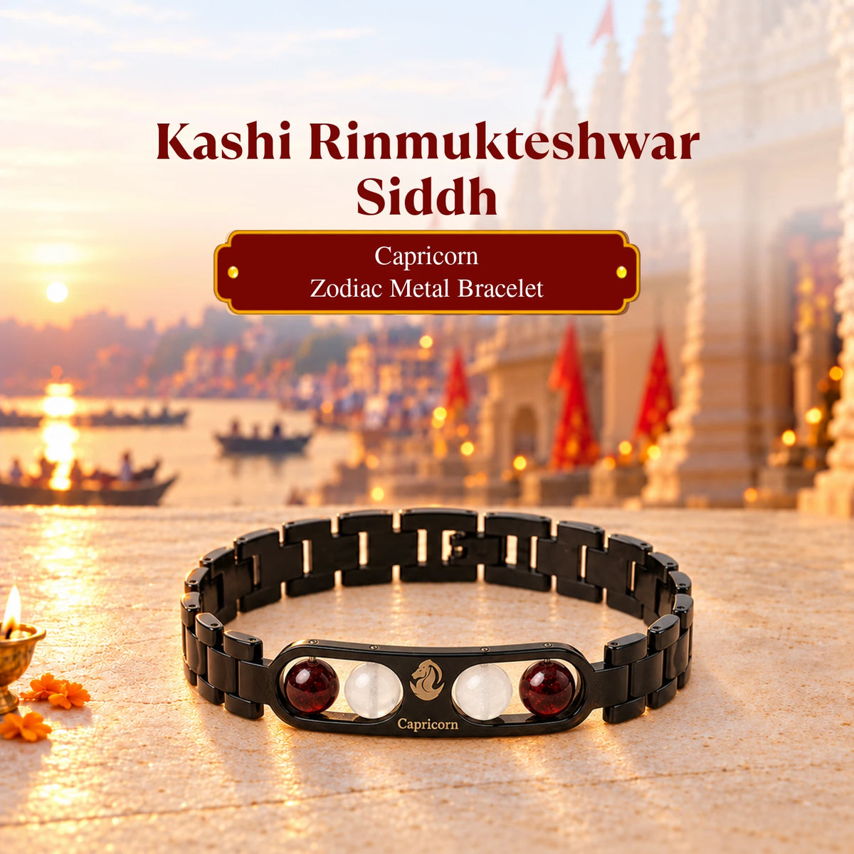 Rinmukteshwar Siddh Capricorn Zodiac Metal Bracelet with Free Raw Selenite Plate