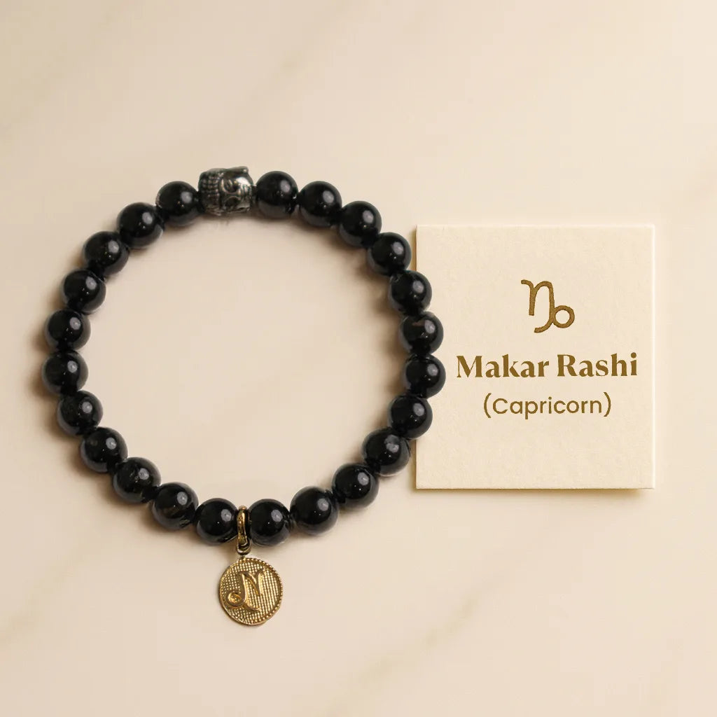 Black Tourmaline Bracelet with Charm (Makar Rashi) Capricorn
