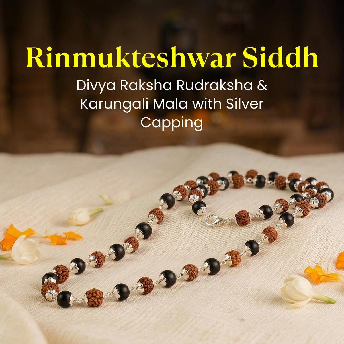 Rinmukteshwar Siddh Divya Rudraksha Karungali Mala - Silver Capped