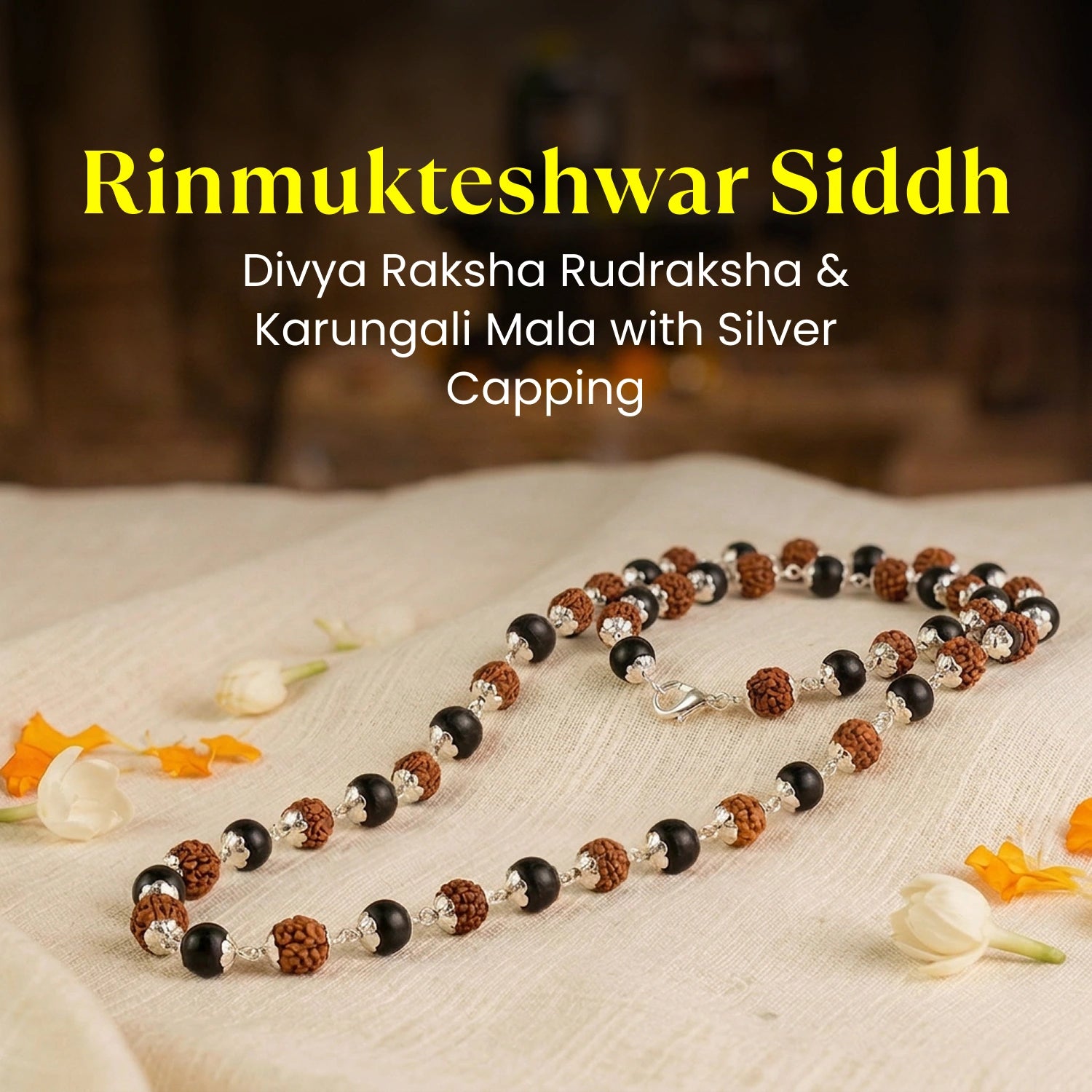 Rinmukteshwar Siddh Divya Rudraksha Karungali Mala - Silver Capped