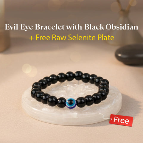 Black Obsidian Evil Eye Bracelet with FREE Raw Selenite Plate
