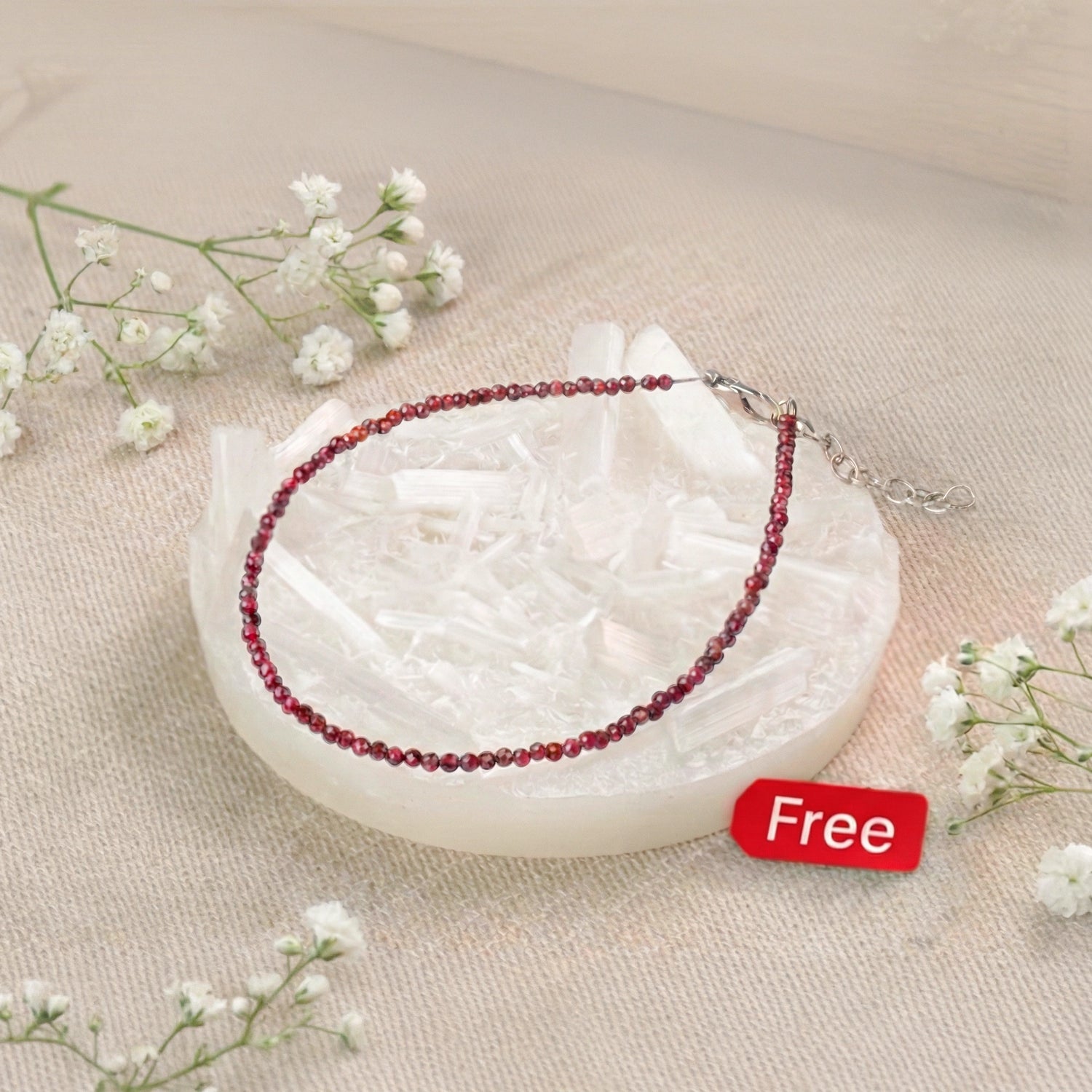 Garnet Anklet with Free Raw Selenite Plate