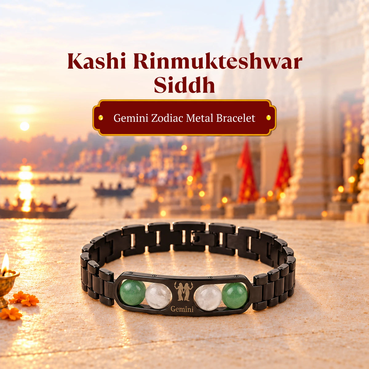 Rinmukteshwar Siddh Gemini Zodiac Metal Bracelet with Free Raw Selenite Plate