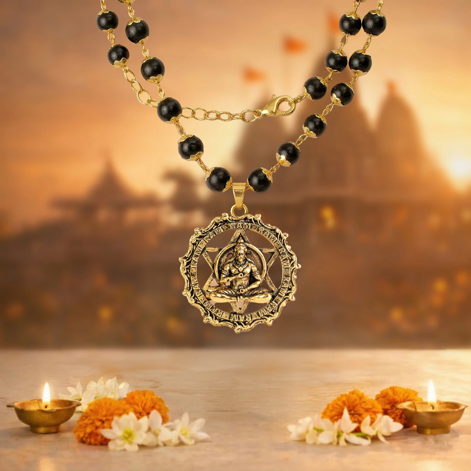 Siddh Gold-Plated Karungali Mala with Hanuman Kavach Pendant