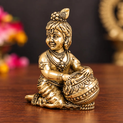 Brass Makhan Chor Bal Gopal Krishna Idol 2.5 Inch