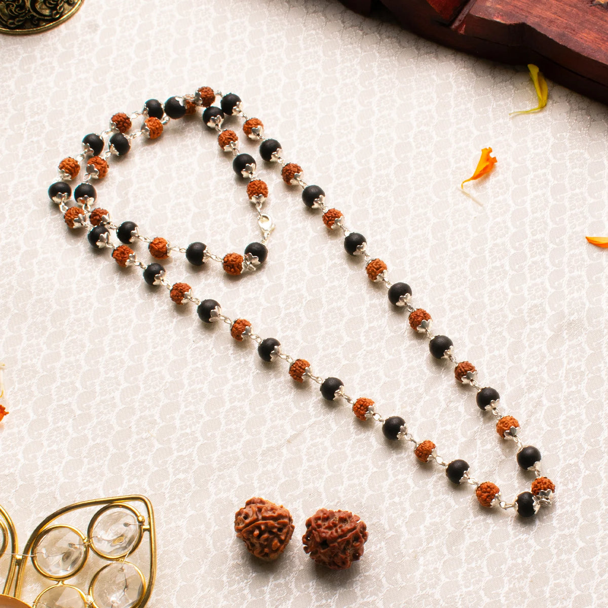 Divya Raksha Rudraksha & Karungali Mala with Silver Capping