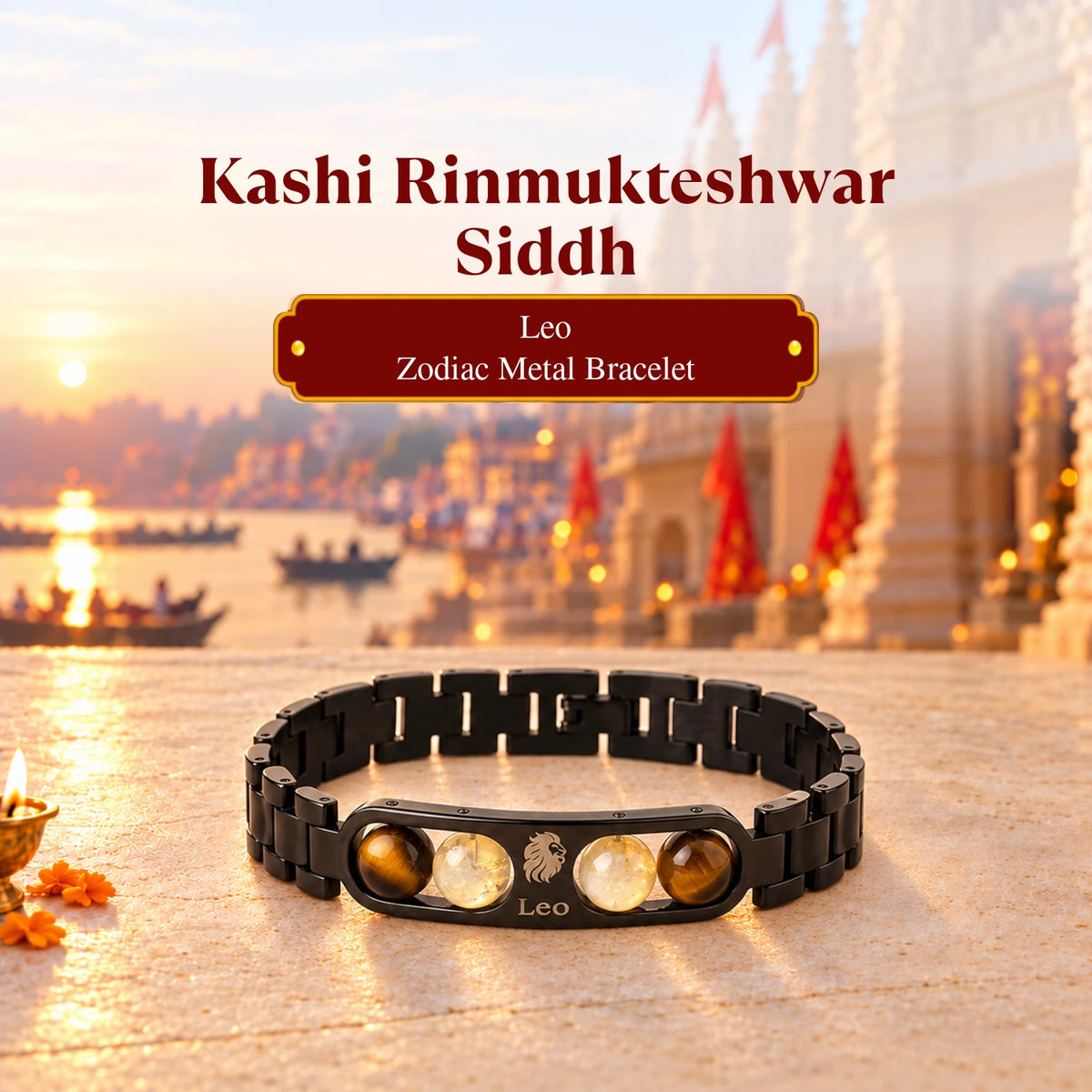 Rinmukteshwar Siddh Leo Zodiac Metal Bracelet with Free Raw Selenite Plate