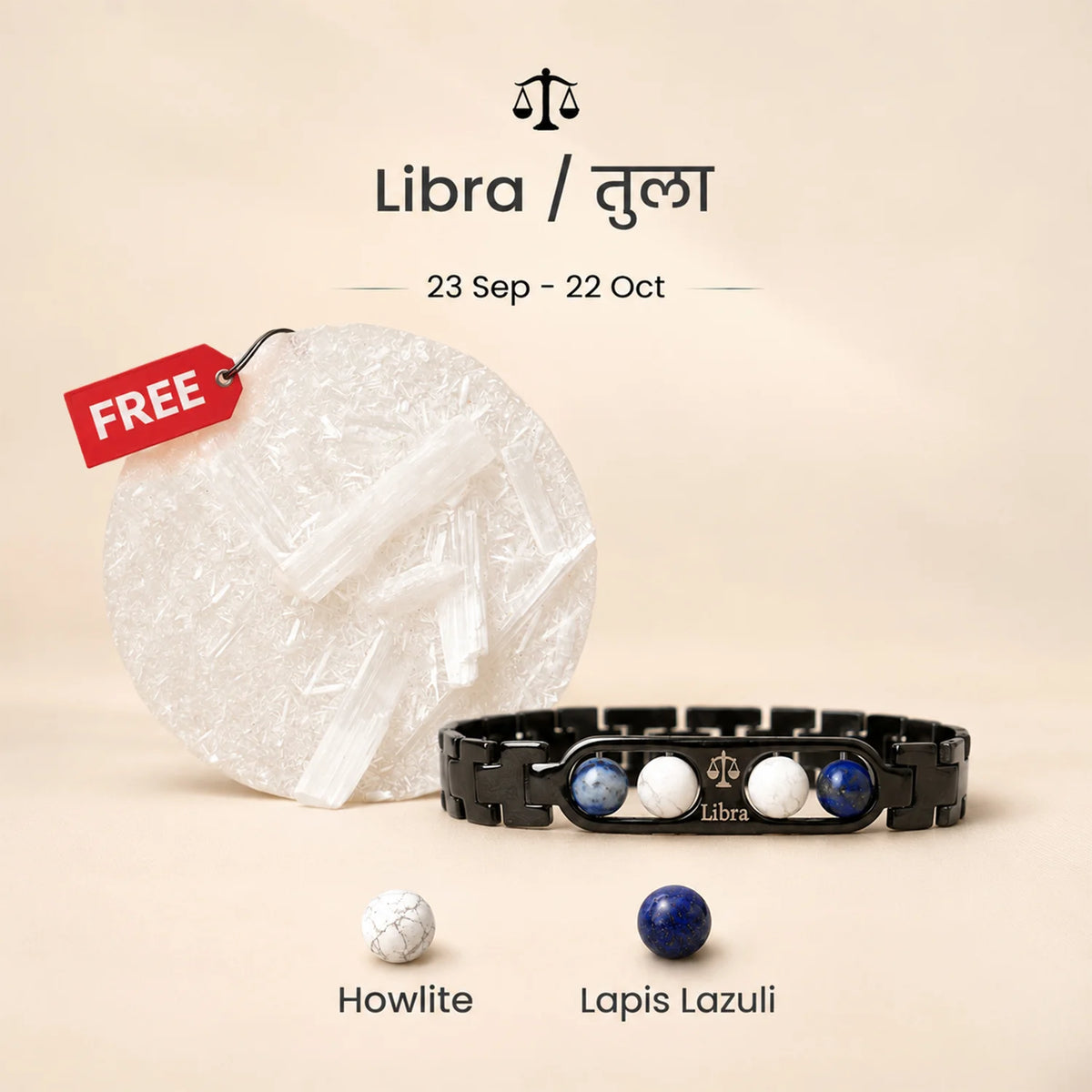 Libra Zodiac Metal Bracelet with Free Raw Selenite Plate