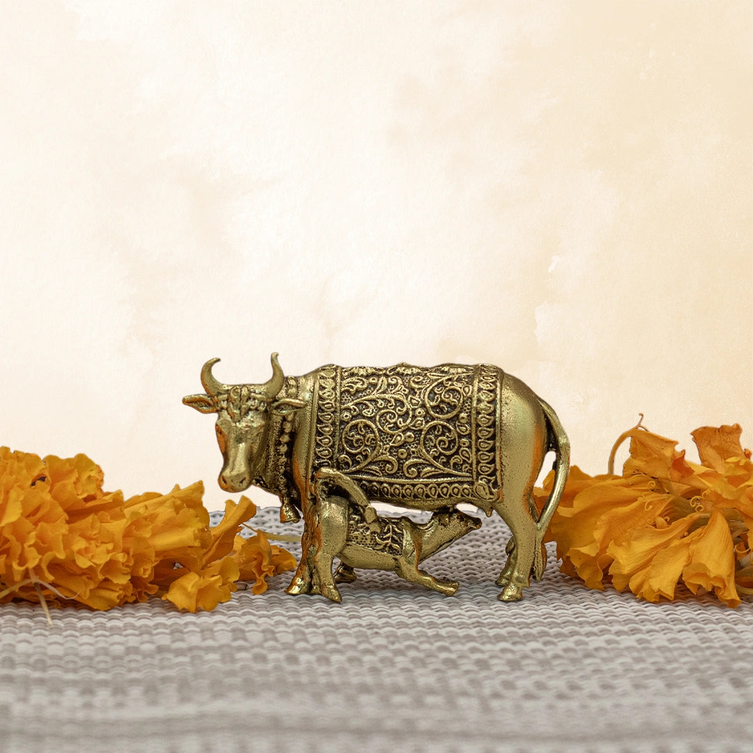 Brass Kamdhenu Cow with Calf Murti
