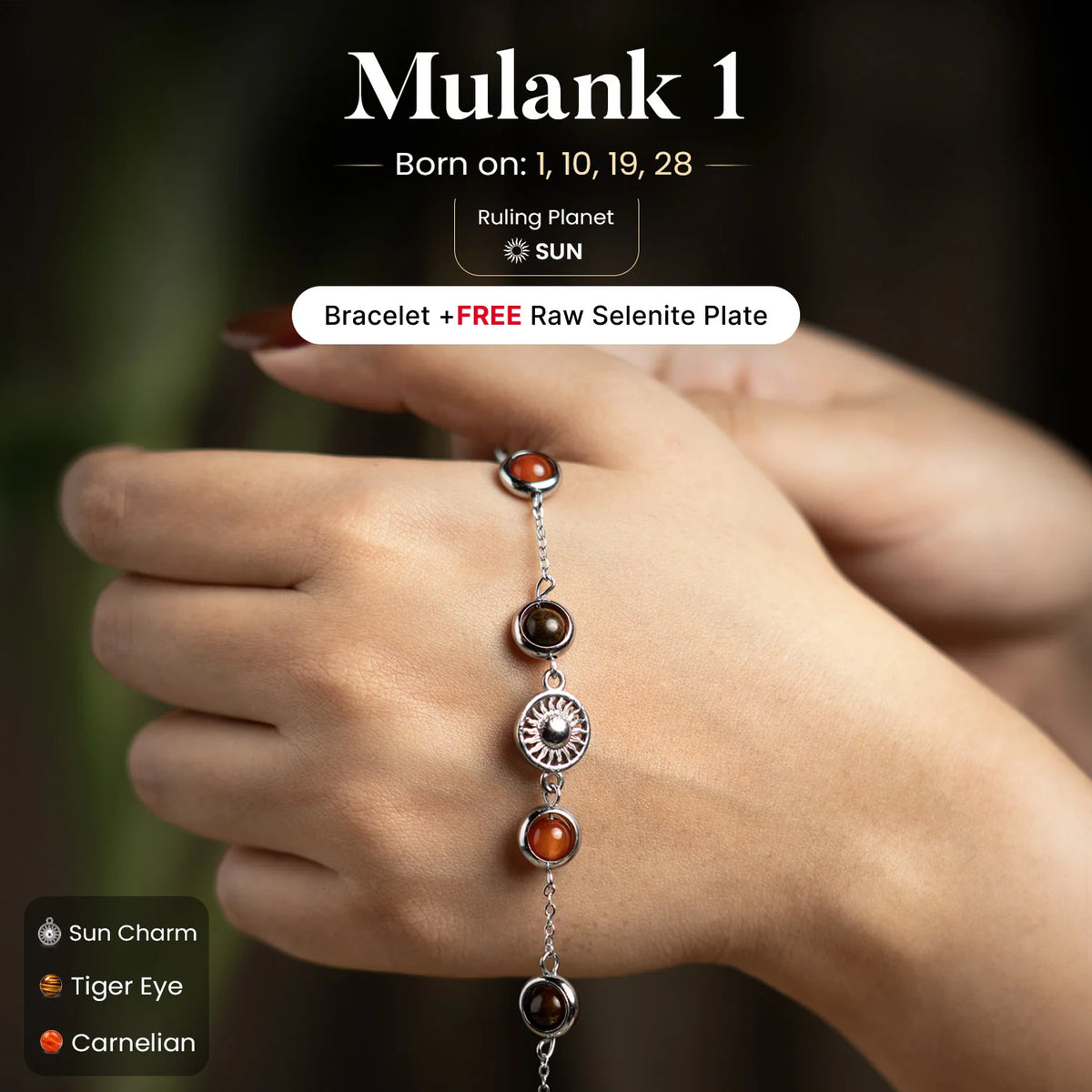 Mulank 1 Sun Crystal Bracelet with FREE Raw Selenite Plate