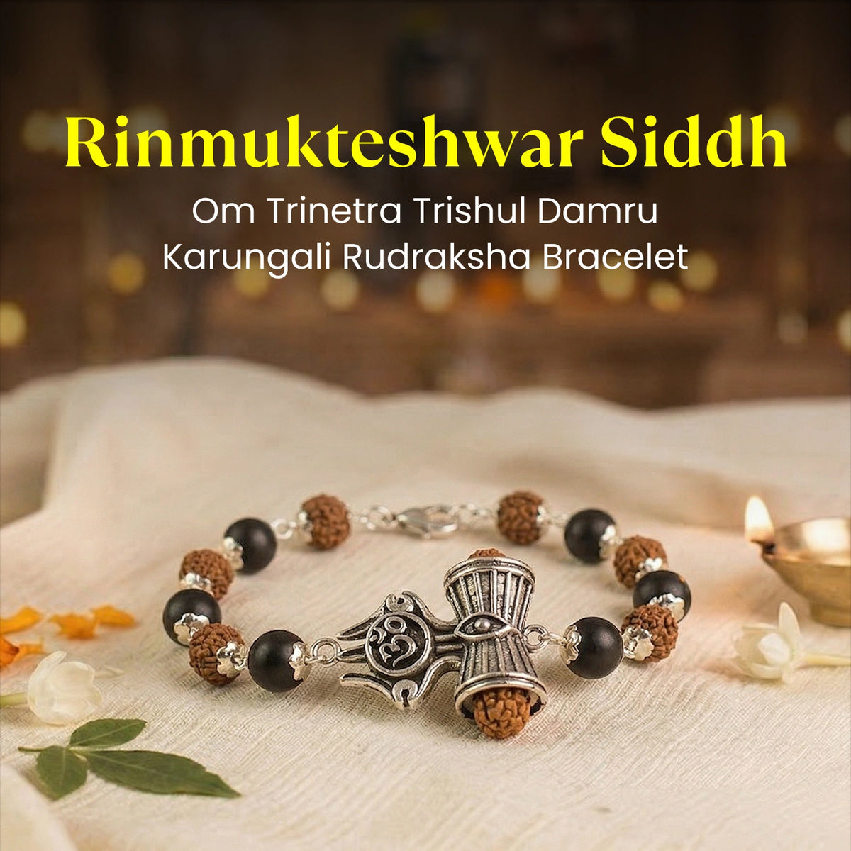 Rinmukteshwar Siddh Om Trinetra Trishul Damru Karungali Rudraksha Bracelet