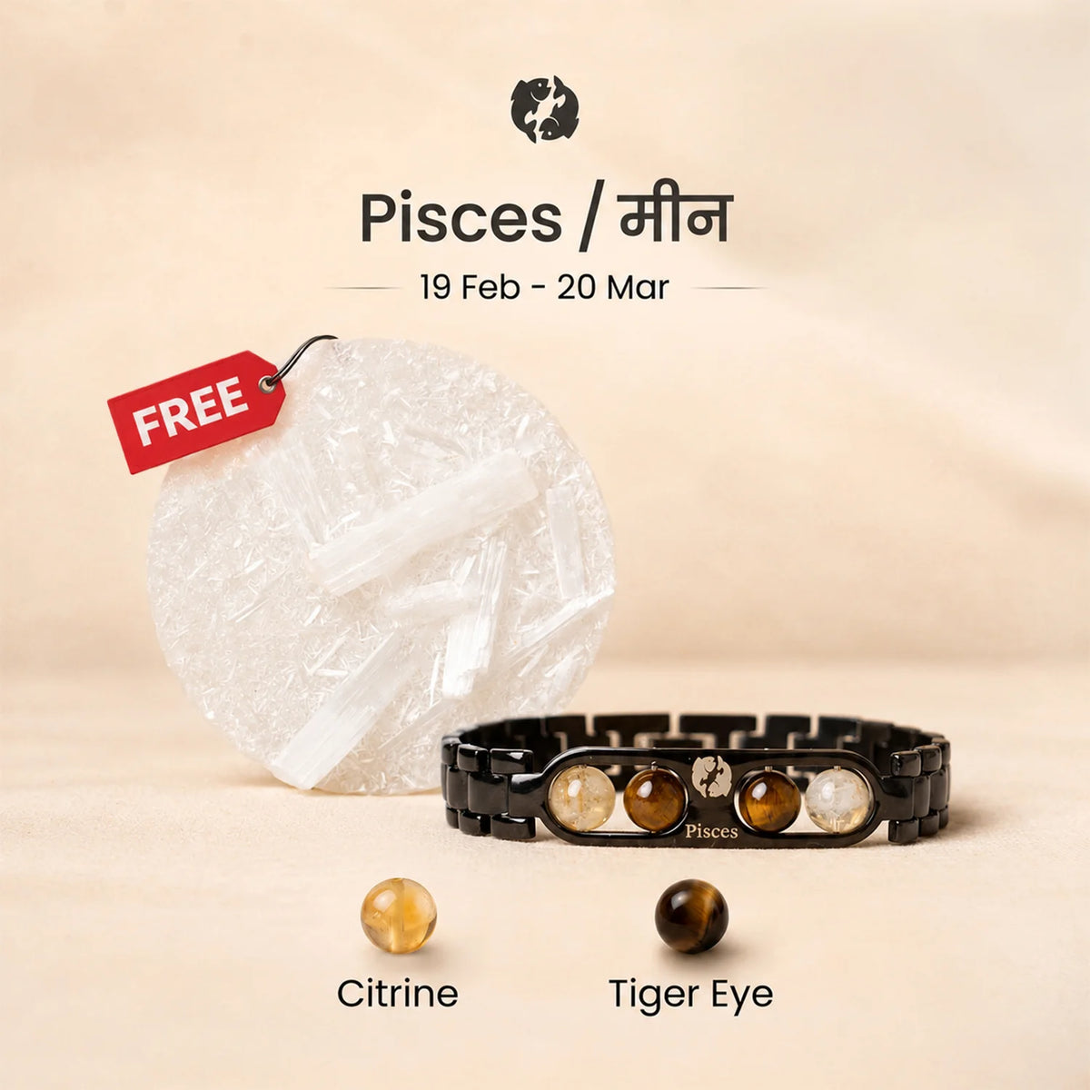 Pisces Zodiac Metal Bracelet with Free Raw Selenite Plate