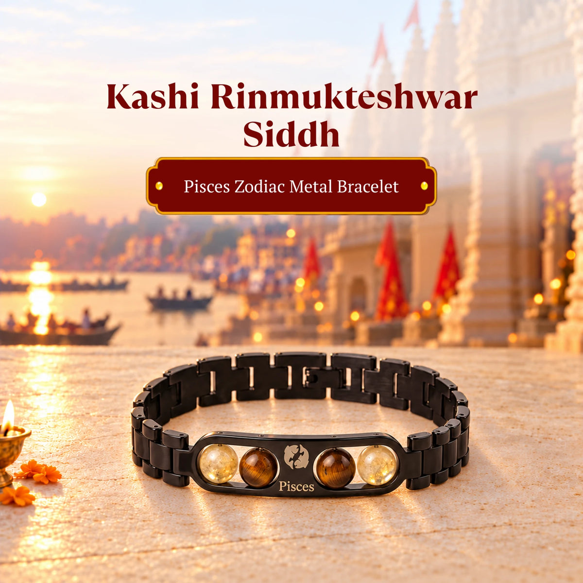 Rinmukteshwar Siddh Pisces Zodiac Metal Bracelet with Free Raw Selenite Plate