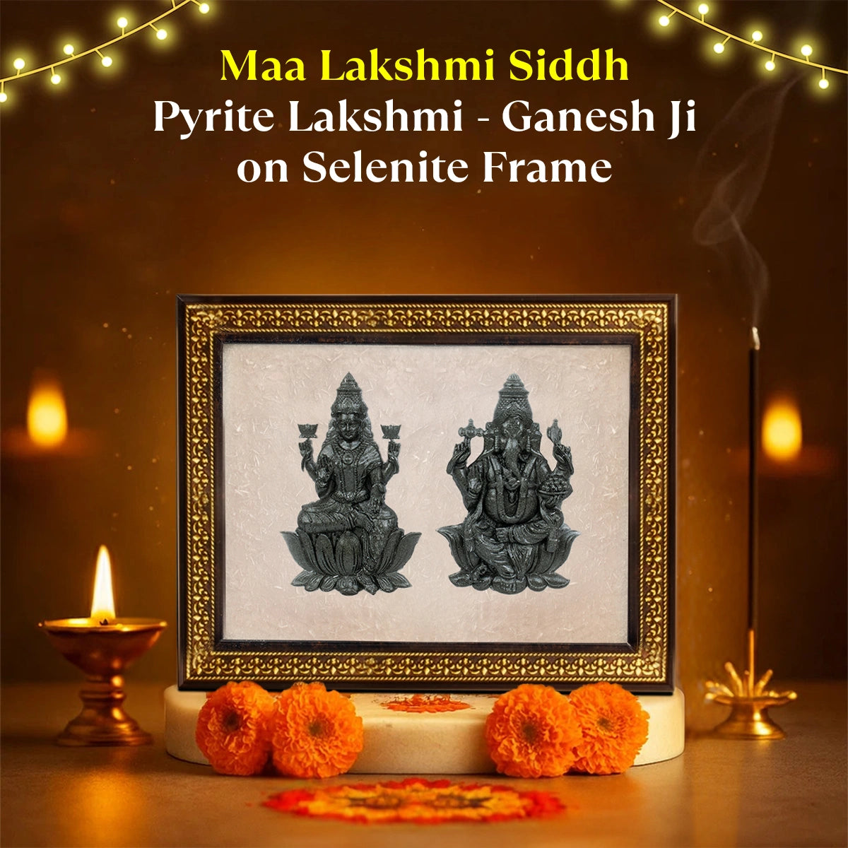 Maa Lakshmi Siddh Pyrite Lakshmi - Ganesh Ji on Selenite Frame