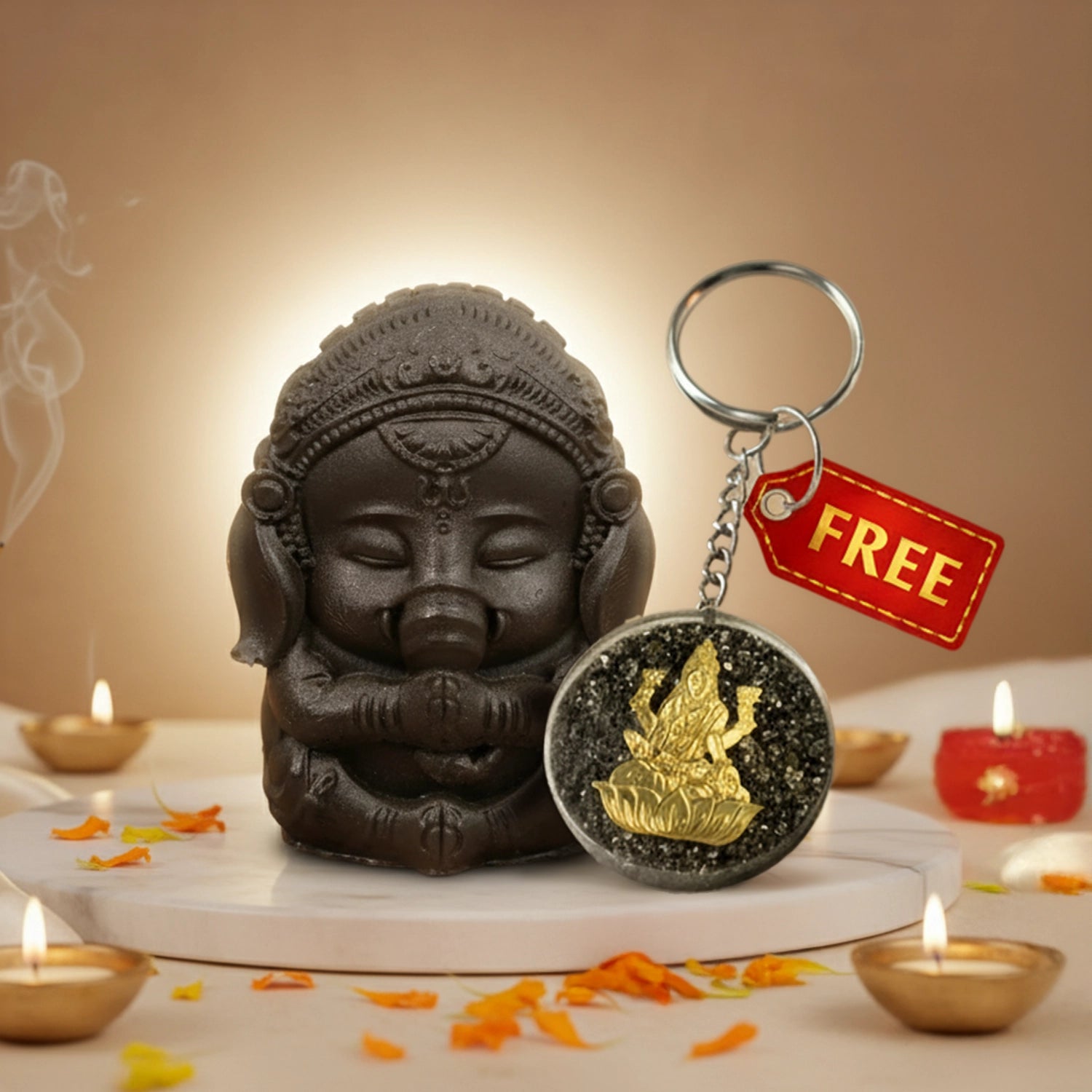 Pyrite Baby Ganesh Idol with FREE Lakshmi Ji Keychain