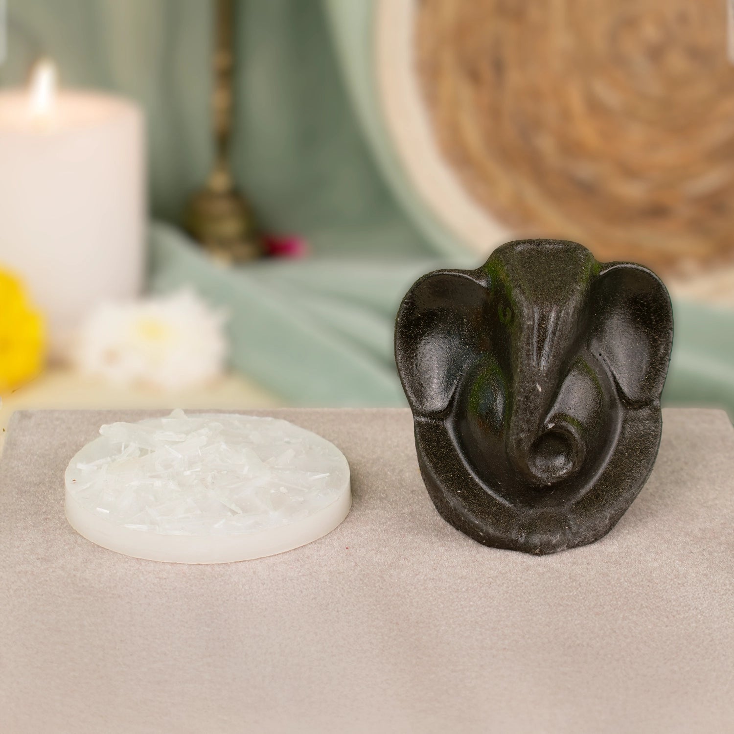 Pyrite Ganesha Idol with Raw Selenite Plate