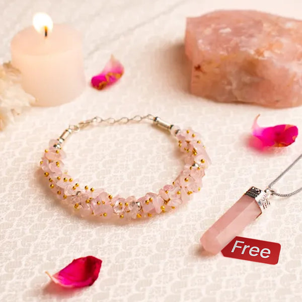 Rose Quartz Chips Bracelet with FREE Rose Quartz Pencil Pendant