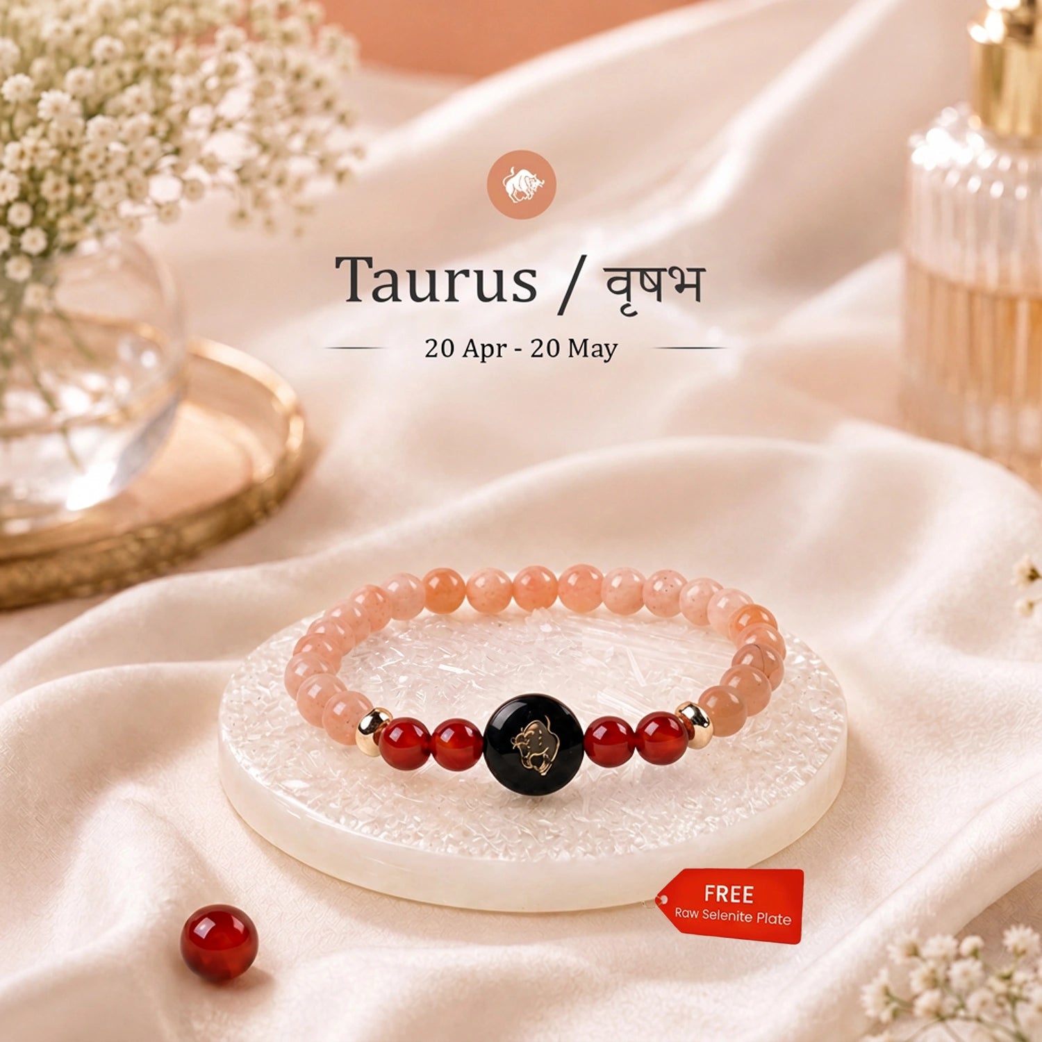 Taurus (वृषभ राशि) Zodiac Sunstone & Carnelian Bracelet for Women