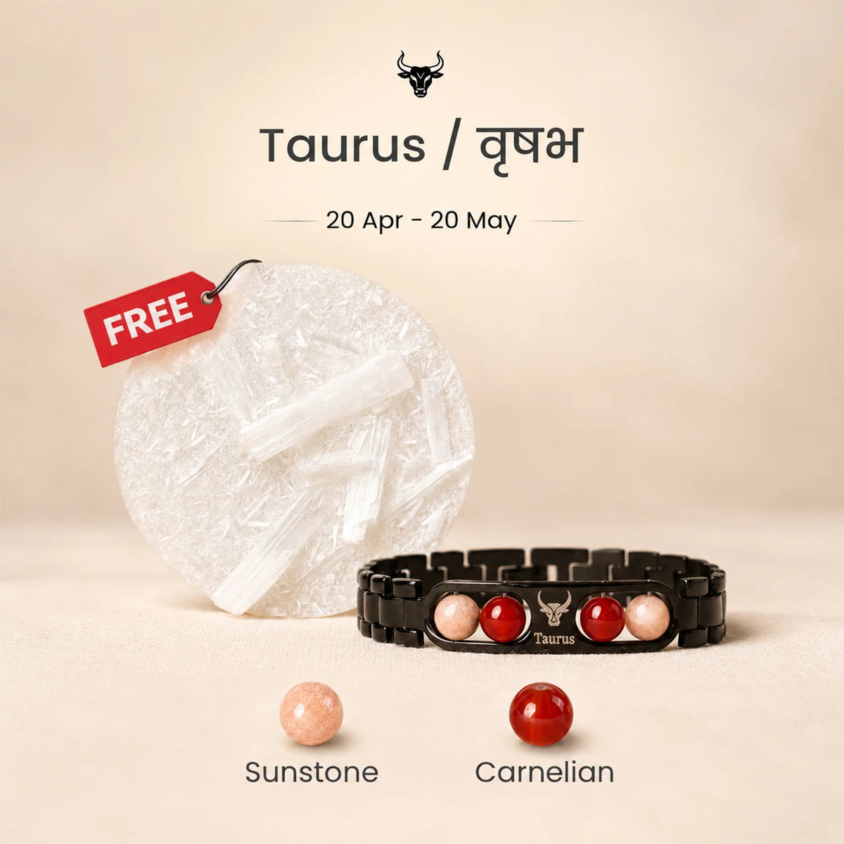 Taurus Zodiac Metal Bracelet with Free Raw Selenite Plate