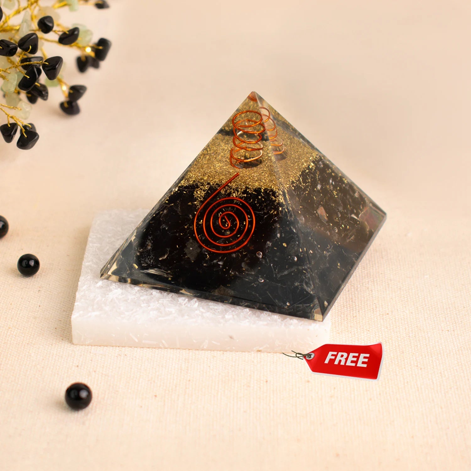 Black Obsidian Pyramid with Free Raw Square Selenite Plate