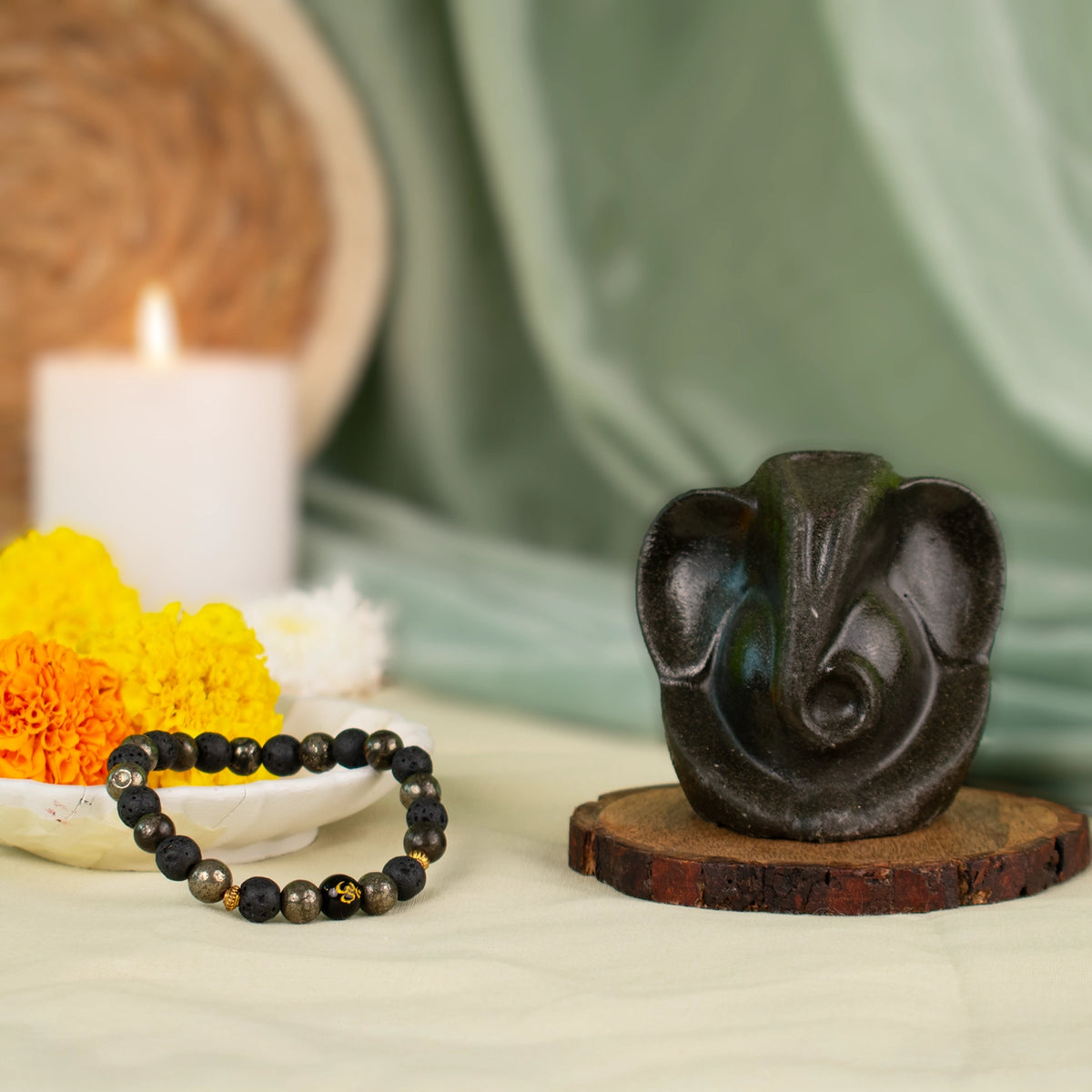 Pyrite Ganesh Ji Murti with Wealth OM Pyrite Bracelet