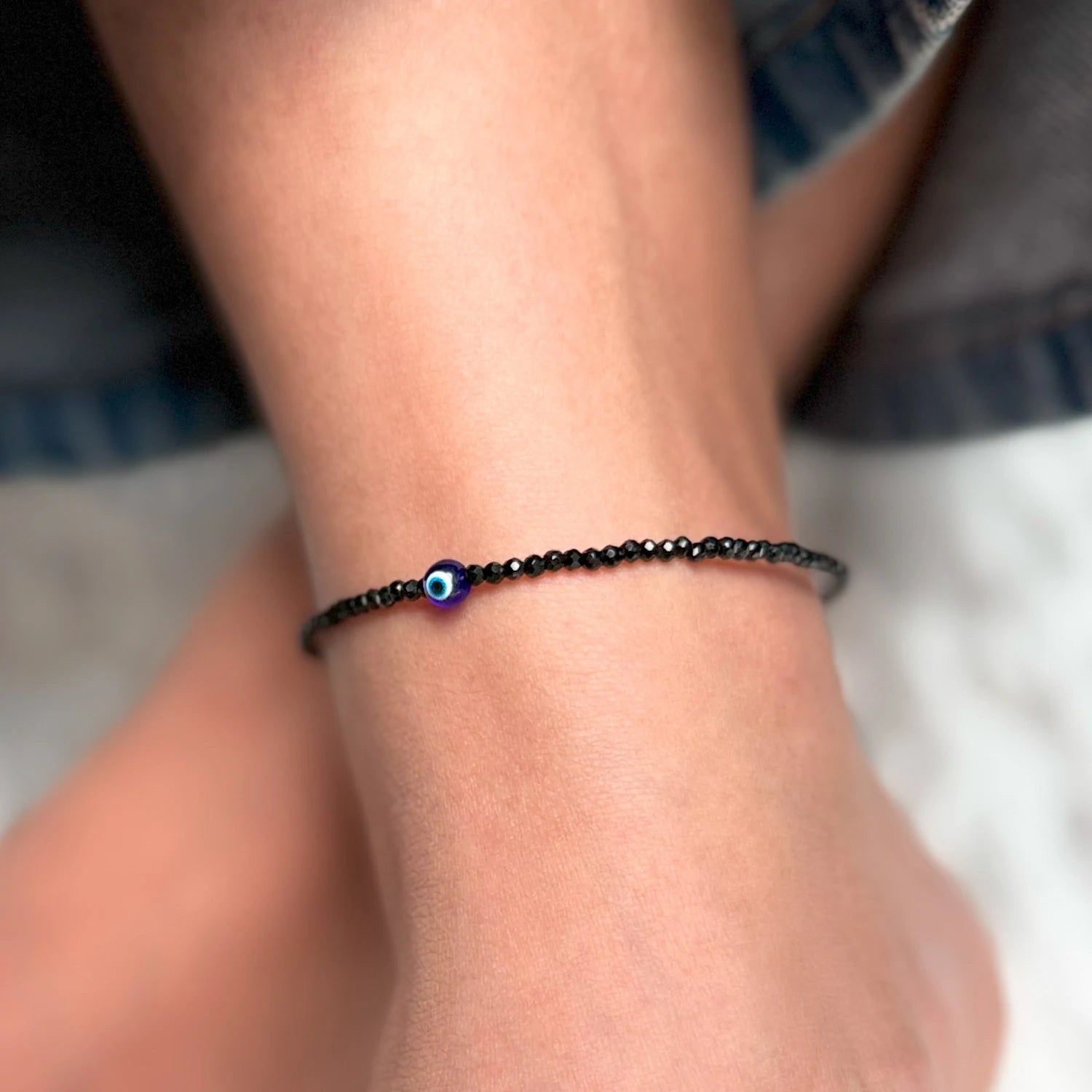 Black Tourmaline Anklet with Evil Eye Charm